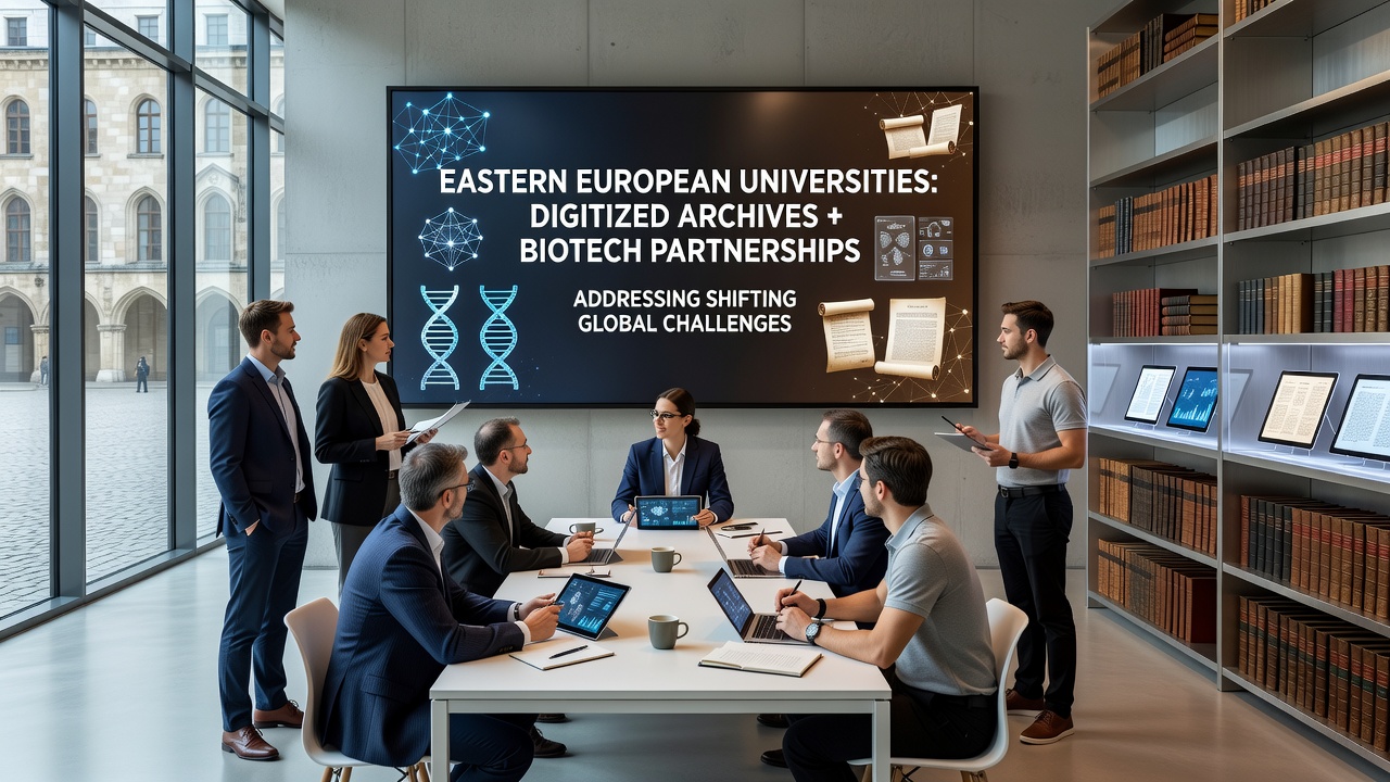 Researchers reviewing digitized archival materials alongside biotech experiment setups in a university laboratory
