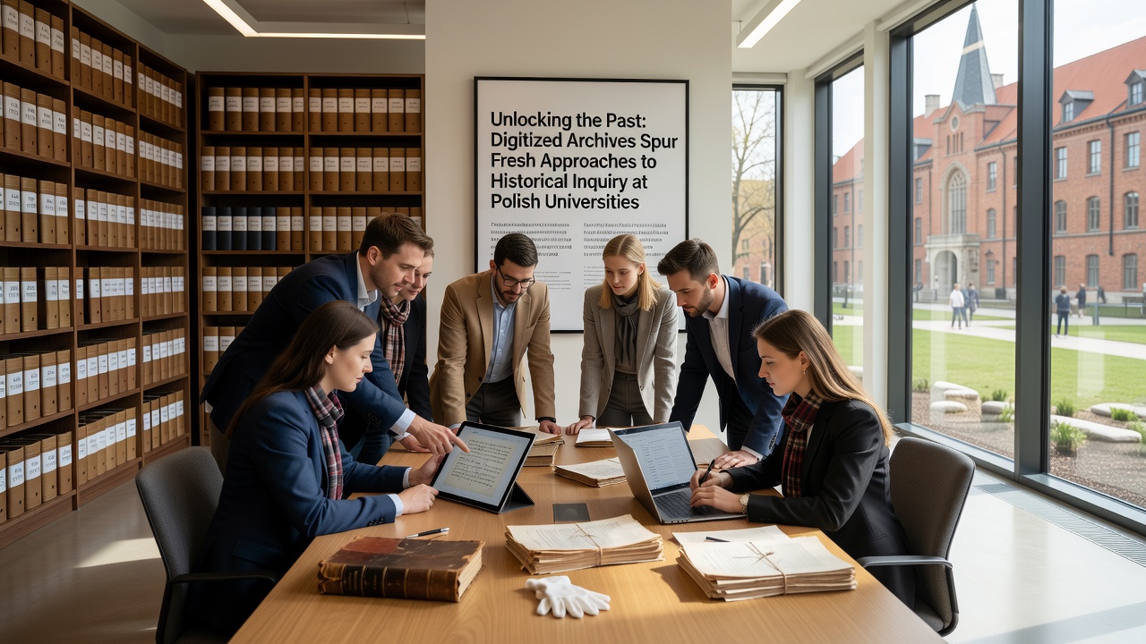 Students and faculty collaborating around digital archive terminals during a workshop at a Polish university